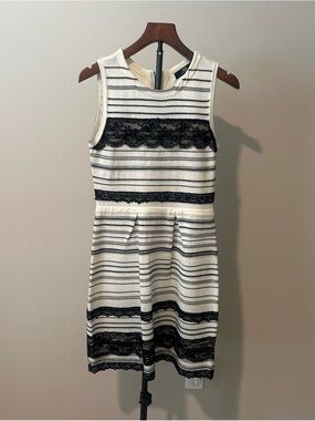 Abs Platinum Cream and Black Striped Lace Trim Mini Dress